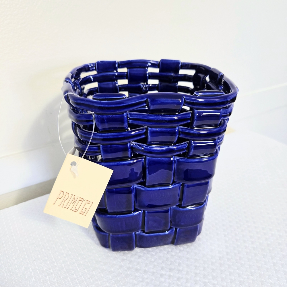 Primogi Italian Woven Basket Ceramic 6" Tall Rectangle Lattice Pottery Royal Blu